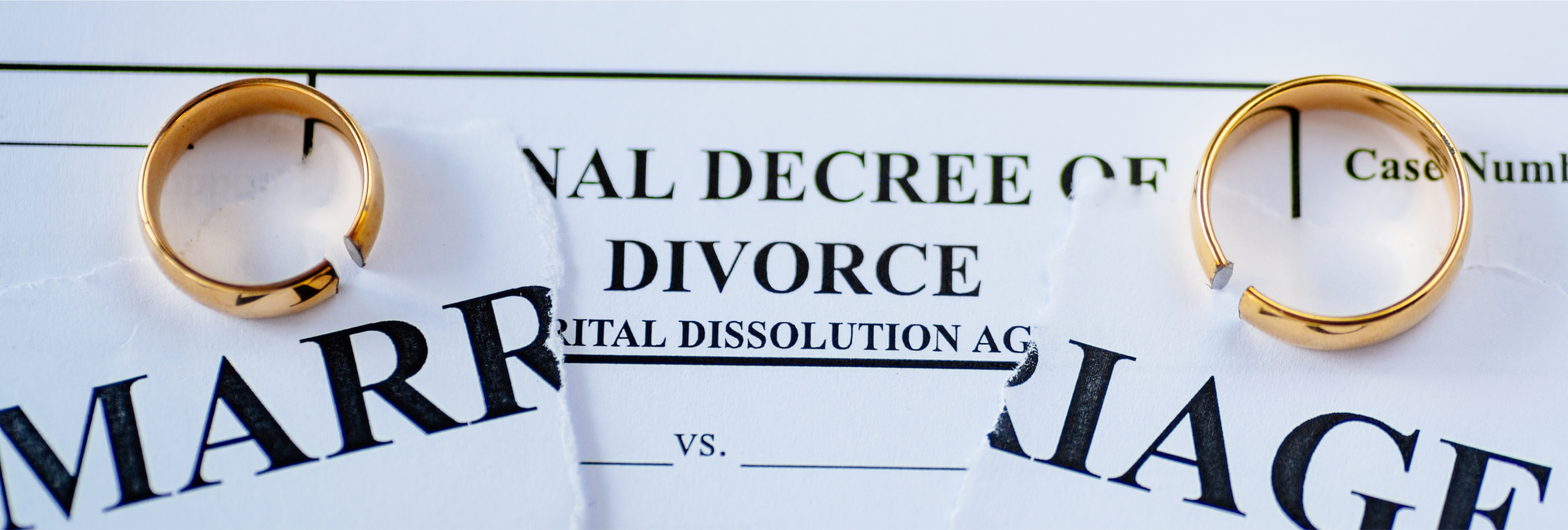 Divorce decree and two broken wedding rings