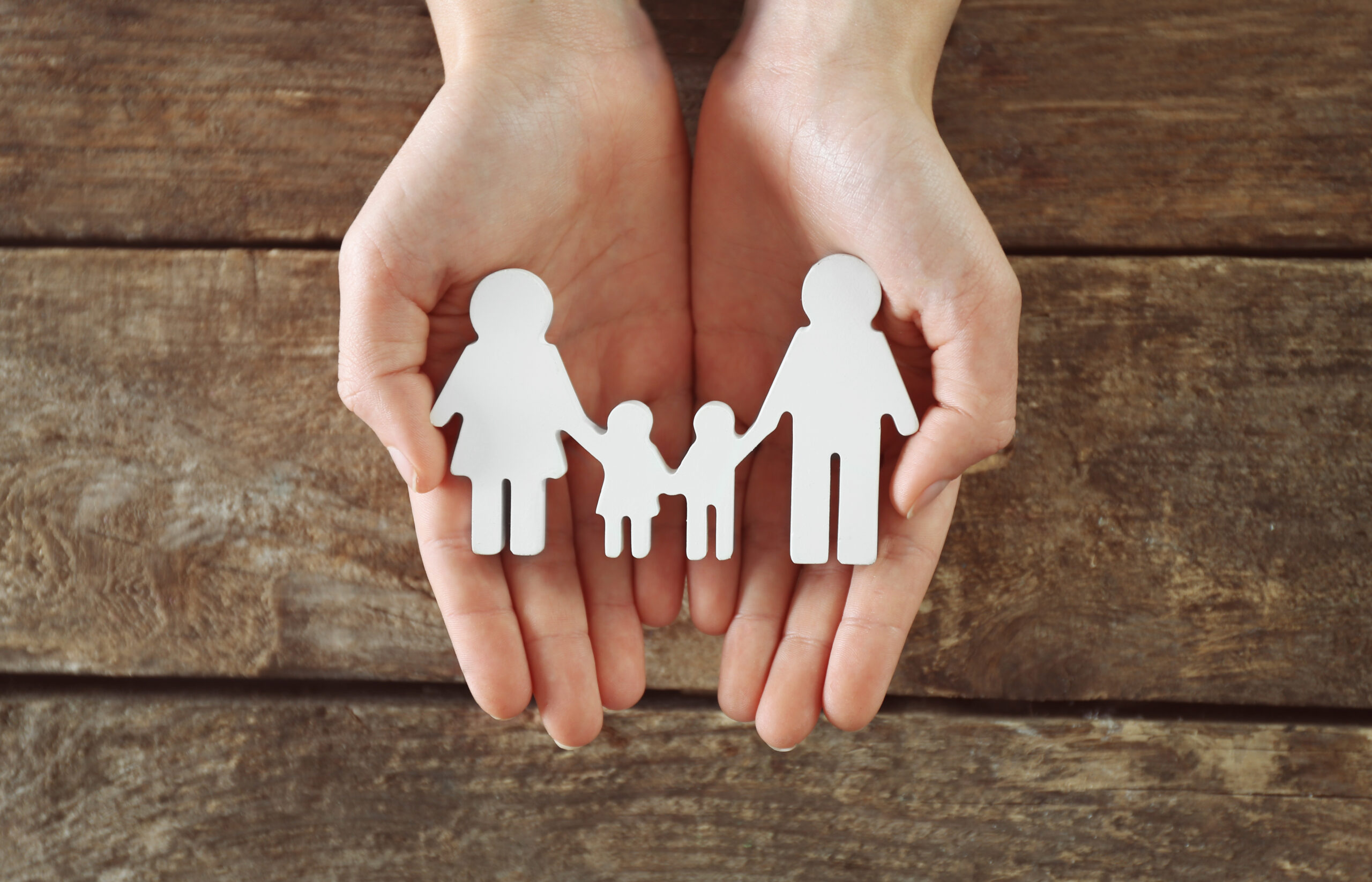 Female hands holding family figure on wooden background